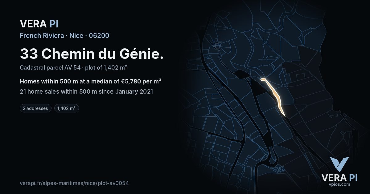 33 Chemin du Génie, Nice at night – the plot lit, the parcels around coloured by the prices near them