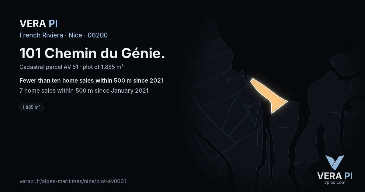 101 Chemin du Génie, Nice at night – the plot lit, the parcels around coloured by the prices near them