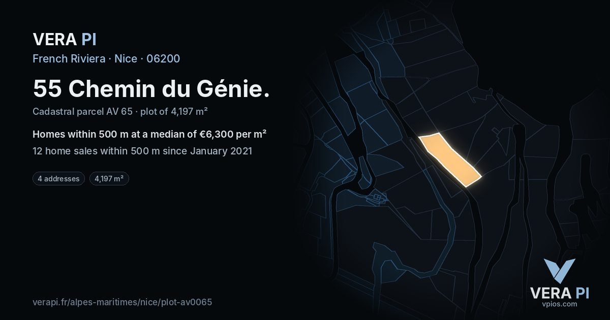 55 Chemin du Génie, Nice at night – the plot lit, the parcels around coloured by the prices near them
