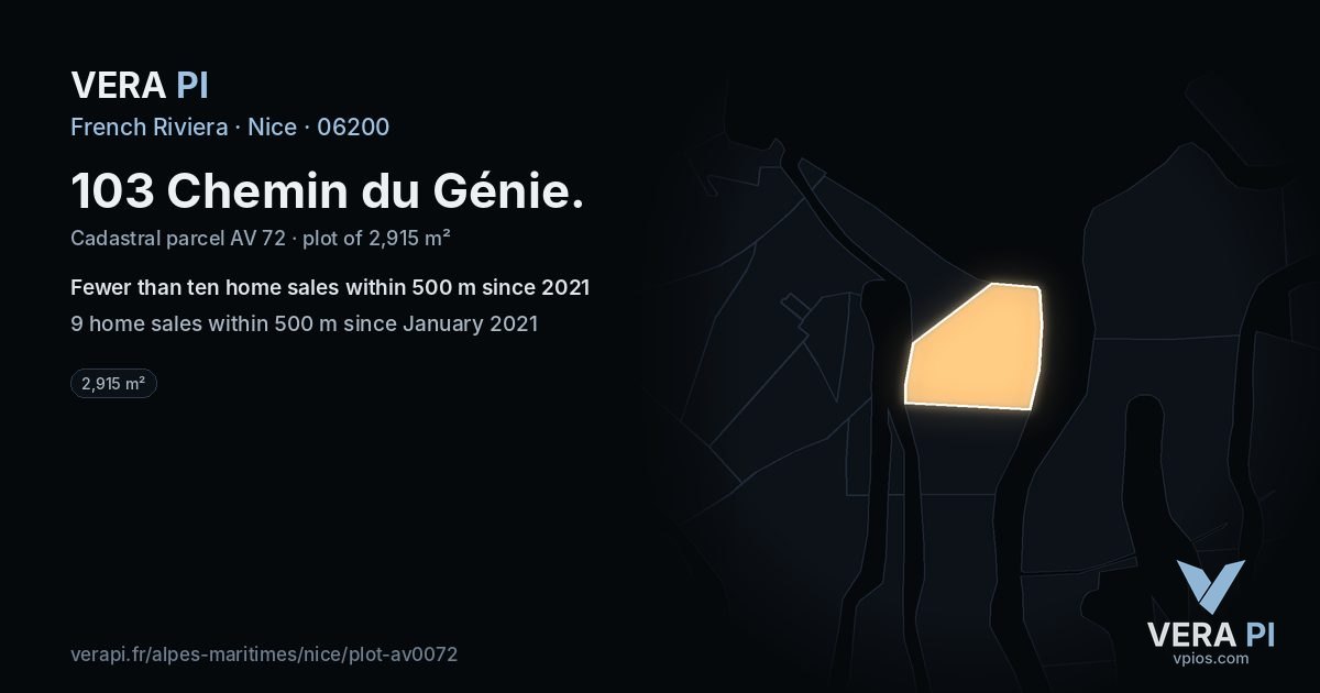 103 Chemin du Génie, Nice at night – the plot lit, the parcels around coloured by the prices near them