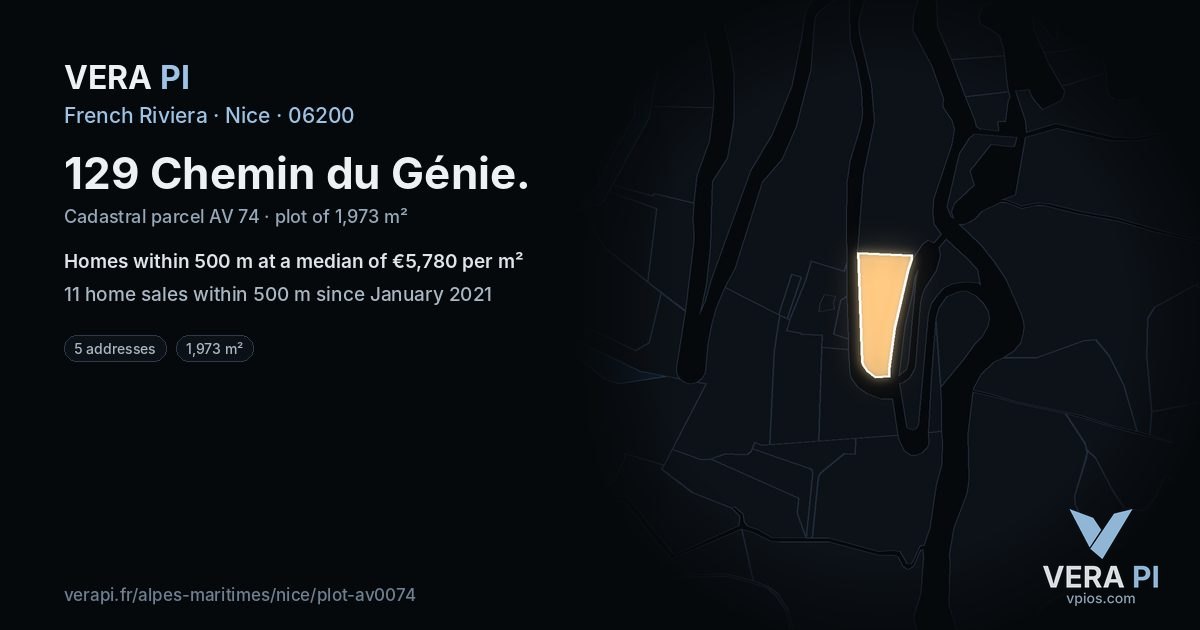 129 Chemin du Génie, Nice at night – the plot lit, the parcels around coloured by the prices near them