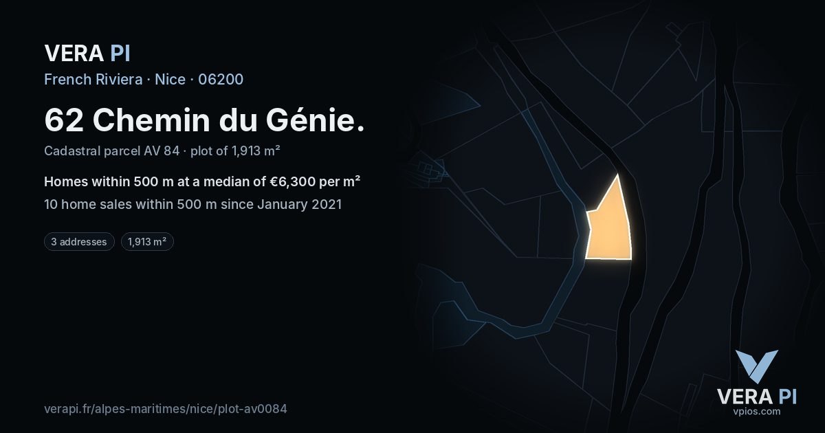 62 Chemin du Génie, Nice at night – the plot lit, the parcels around coloured by the prices near them