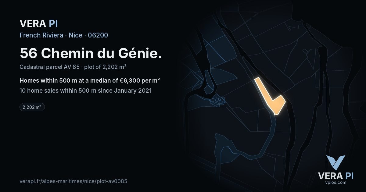 56 Chemin du Génie, Nice at night – the plot lit, the parcels around coloured by the prices near them