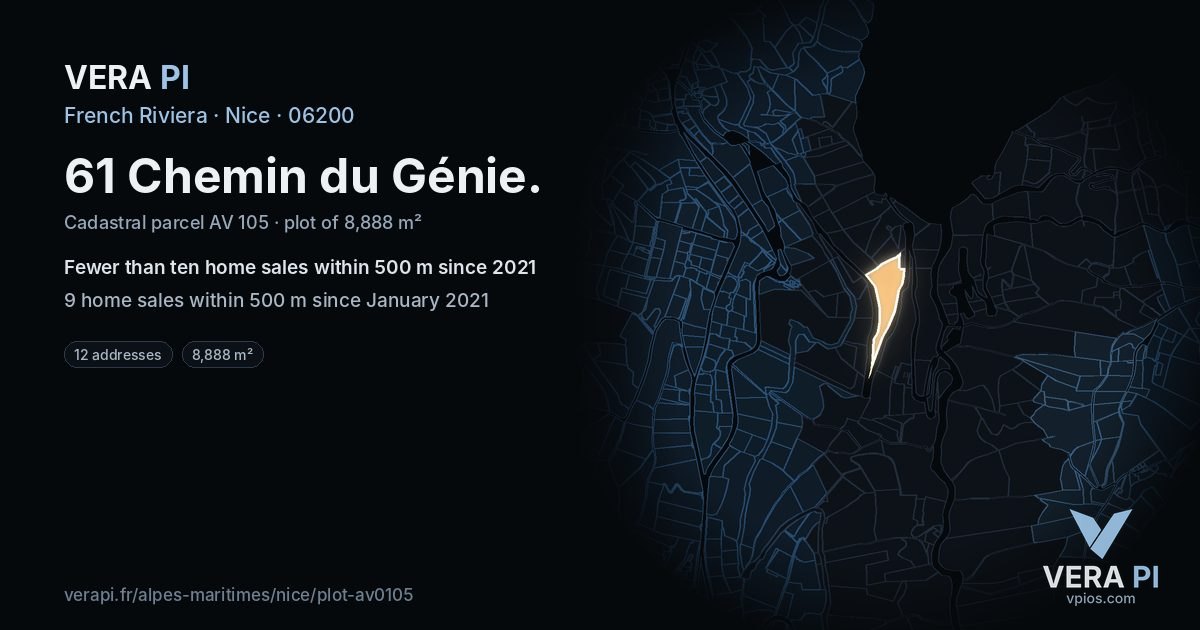 61 Chemin du Génie, Nice at night – the plot lit, the parcels around coloured by the prices near them