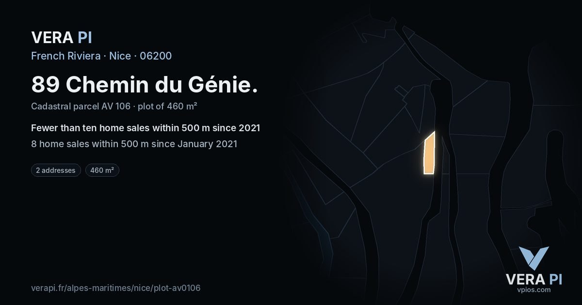 89 Chemin du Génie, Nice at night – the plot lit, the parcels around coloured by the prices near them