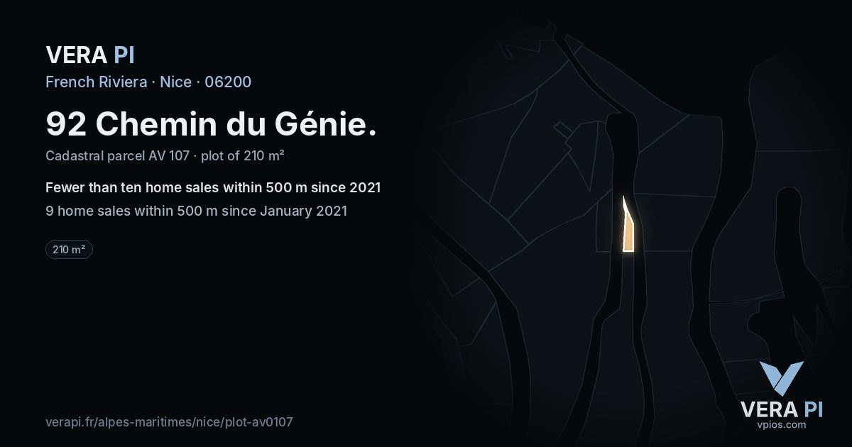 92 Chemin du Génie, Nice at night – the plot lit, the parcels around coloured by the prices near them
