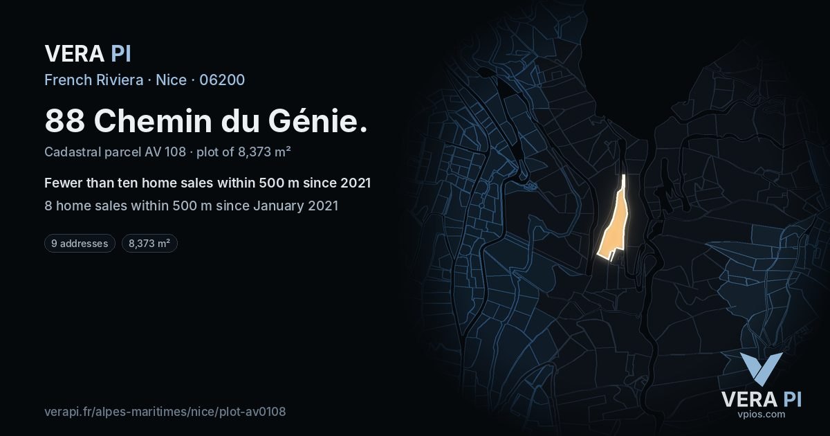 88 Chemin du Génie, Nice at night – the plot lit, the parcels around coloured by the prices near them