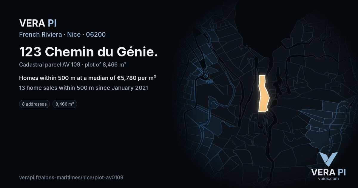 123 Chemin du Génie, Nice at night – the plot lit, the parcels around coloured by the prices near them