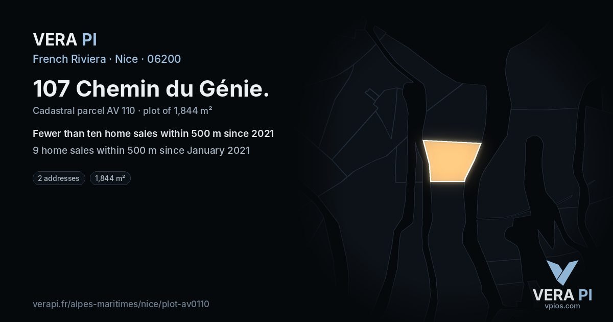 107 Chemin du Génie, Nice at night – the plot lit, the parcels around coloured by the prices near them