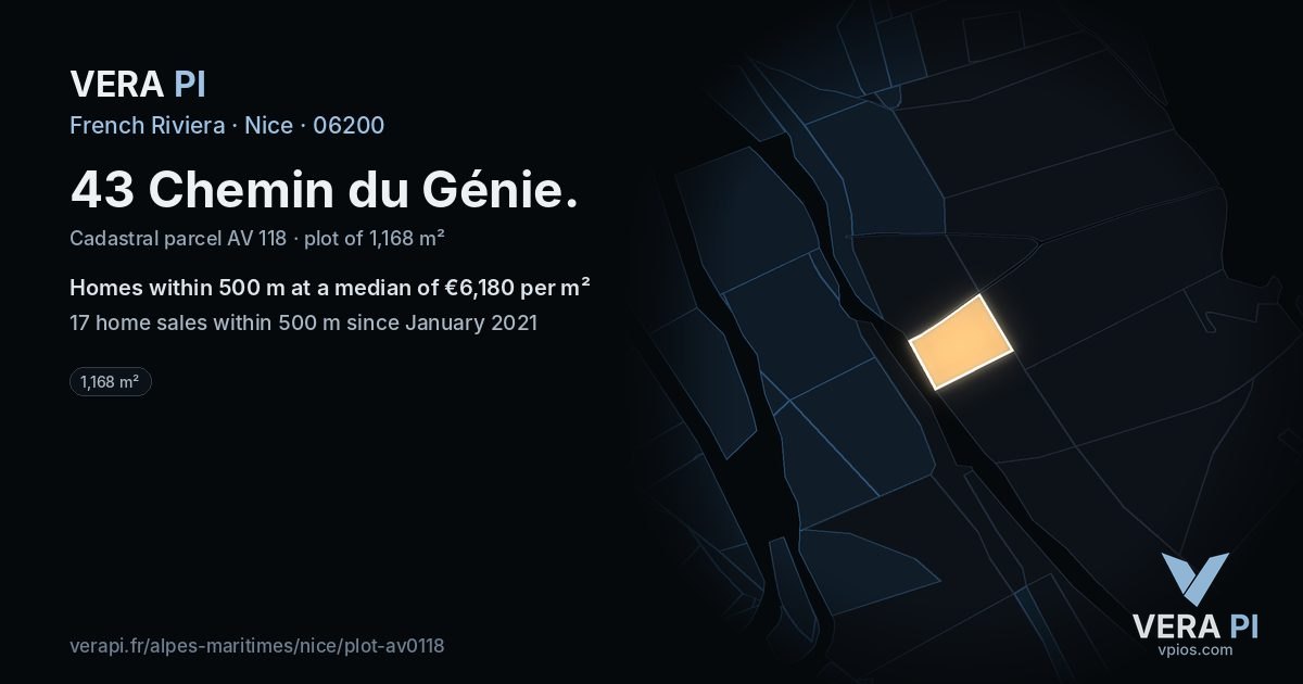 43 Chemin du Génie, Nice at night – the plot lit, the parcels around coloured by the prices near them