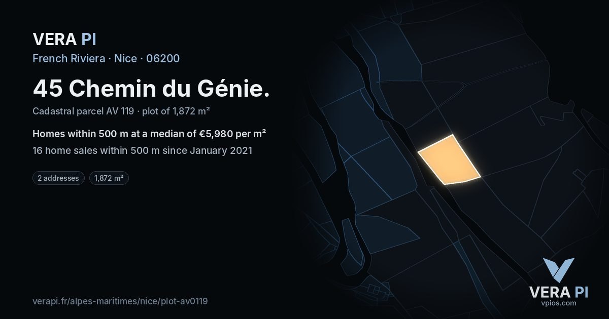 45 Chemin du Génie, Nice at night – the plot lit, the parcels around coloured by the prices near them