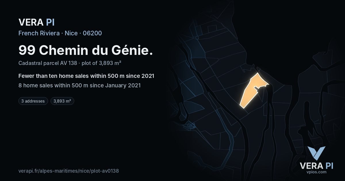 99 Chemin du Génie, Nice at night – the plot lit, the parcels around coloured by the prices near them