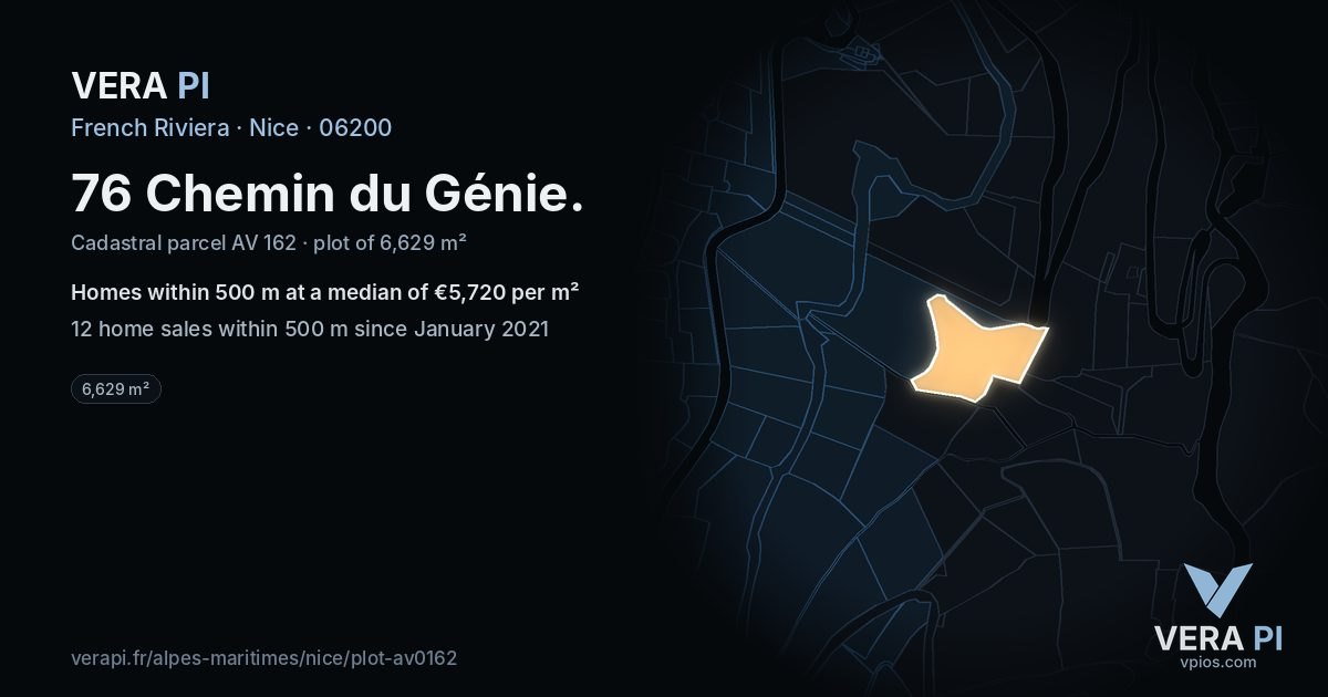 76 Chemin du Génie, Nice at night – the plot lit, the parcels around coloured by the prices near them