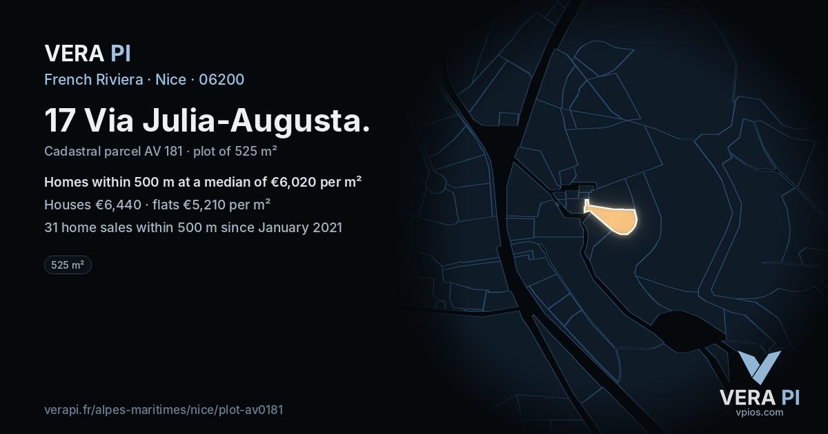 17 Via Julia-Augusta, Nice at night – the plot lit, the parcels around coloured by the prices near them