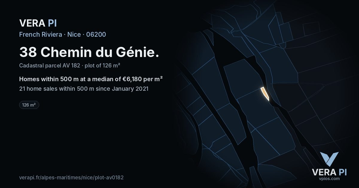 38 Chemin du Génie, Nice at night – the plot lit, the parcels around coloured by the prices near them