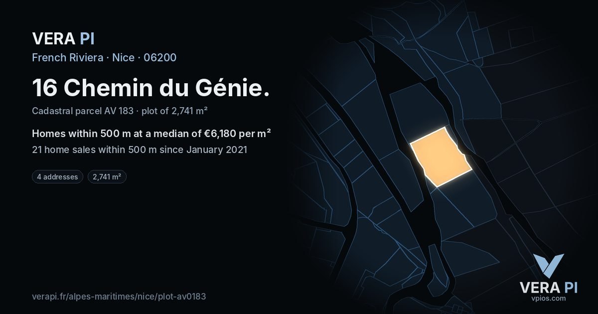 16 Chemin du Génie, Nice at night – the plot lit, the parcels around coloured by the prices near them