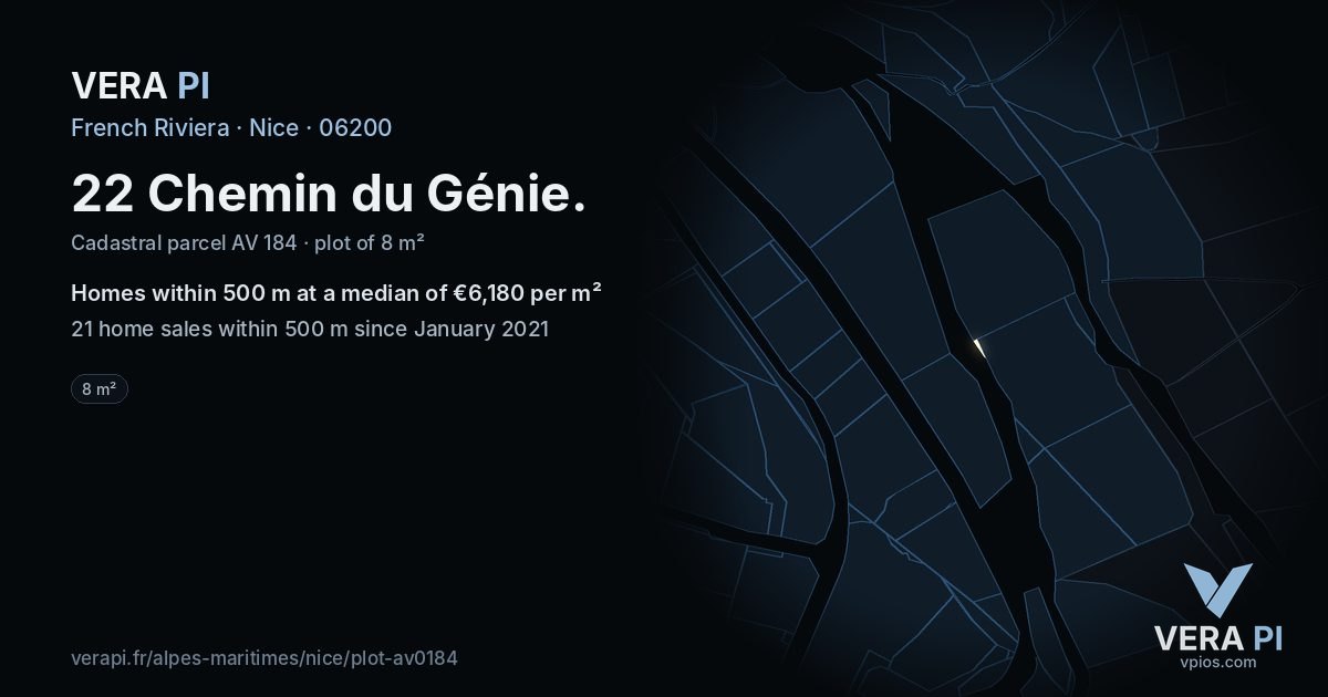 22 Chemin du Génie, Nice at night – the plot lit, the parcels around coloured by the prices near them