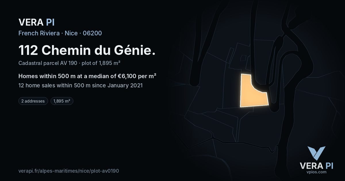 112 Chemin du Génie, Nice at night – the plot lit, the parcels around coloured by the prices near them