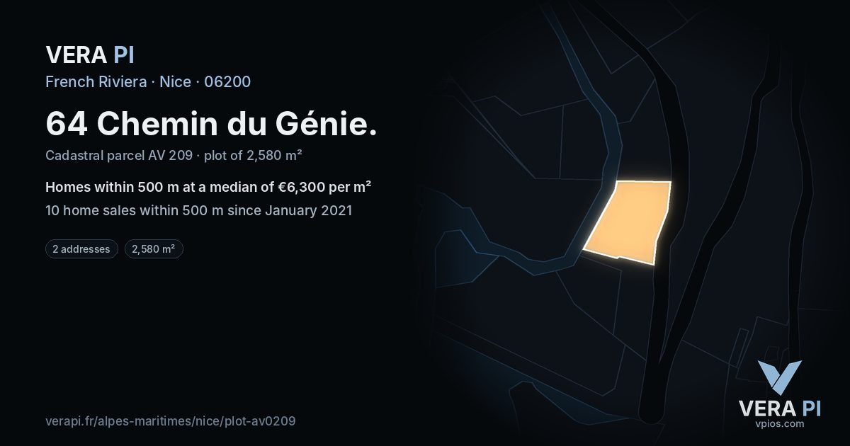 64 Chemin du Génie, Nice at night – the plot lit, the parcels around coloured by the prices near them