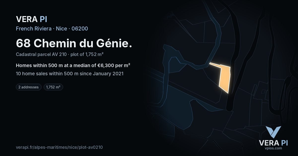 68 Chemin du Génie, Nice at night – the plot lit, the parcels around coloured by the prices near them