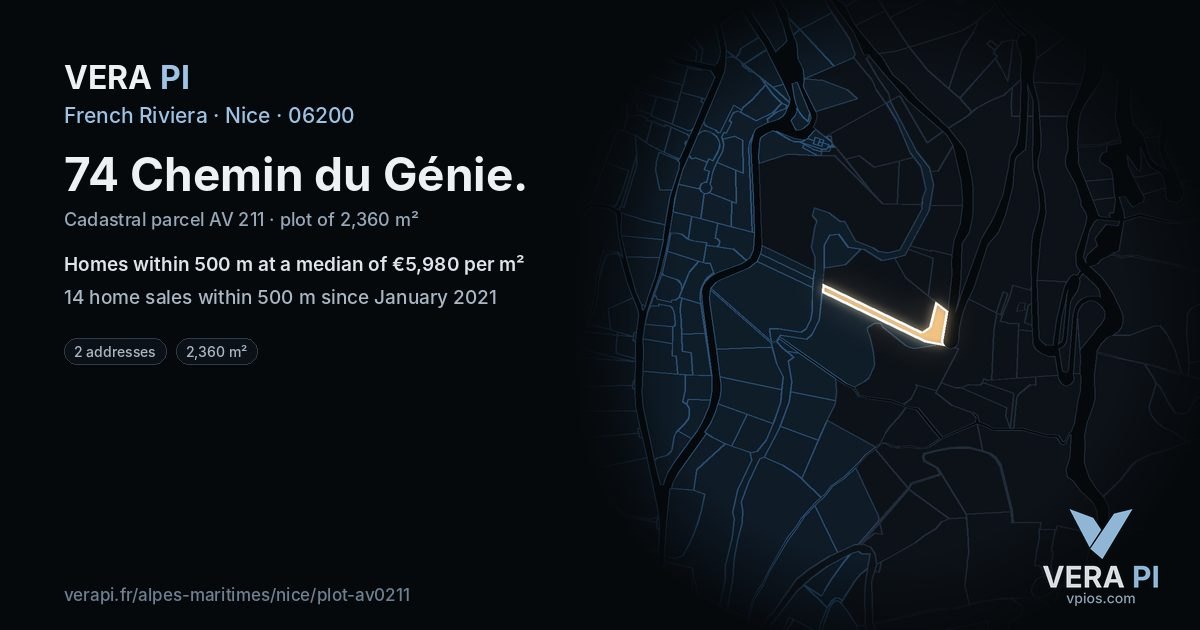 74 Chemin du Génie, Nice at night – the plot lit, the parcels around coloured by the prices near them