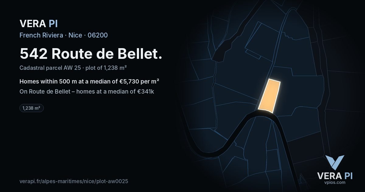 542 Route de Bellet, Nice at night – the plot lit, the parcels around coloured by the prices near them