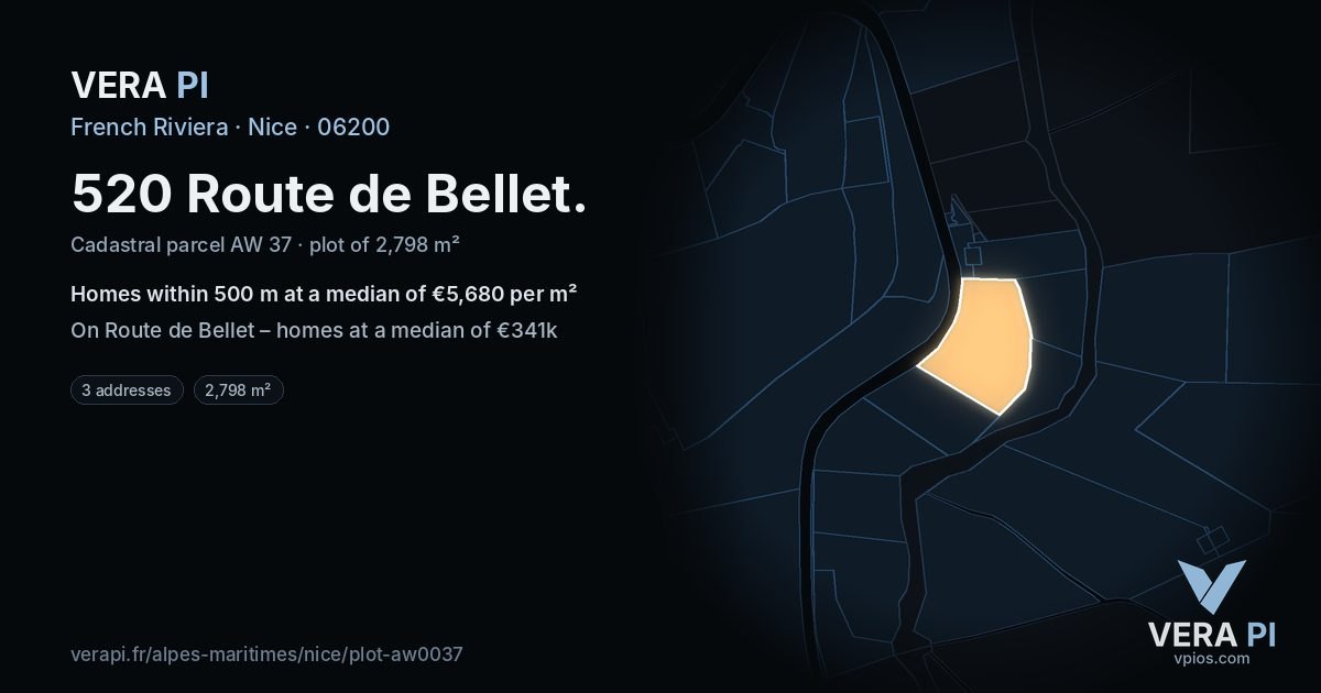 520 Route de Bellet, Nice at night – the plot lit, the parcels around coloured by the prices near them