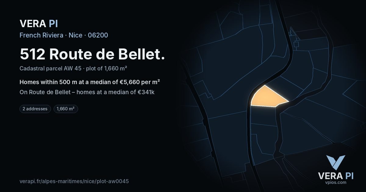 512 Route de Bellet, Nice at night – the plot lit, the parcels around coloured by the prices near them