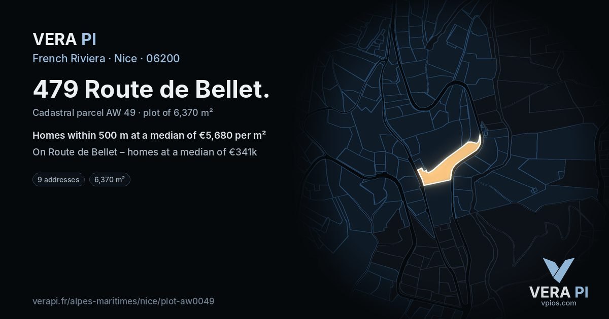 479 Route de Bellet, Nice at night – the plot lit, the parcels around coloured by the prices near them