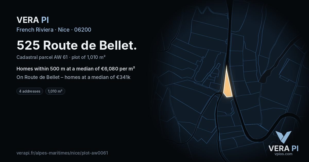 525 Route de Bellet, Nice at night – the plot lit, the parcels around coloured by the prices near them