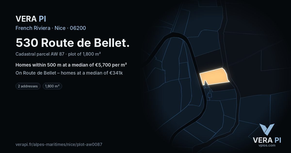 530 Route de Bellet, Nice at night – the plot lit, the parcels around coloured by the prices near them