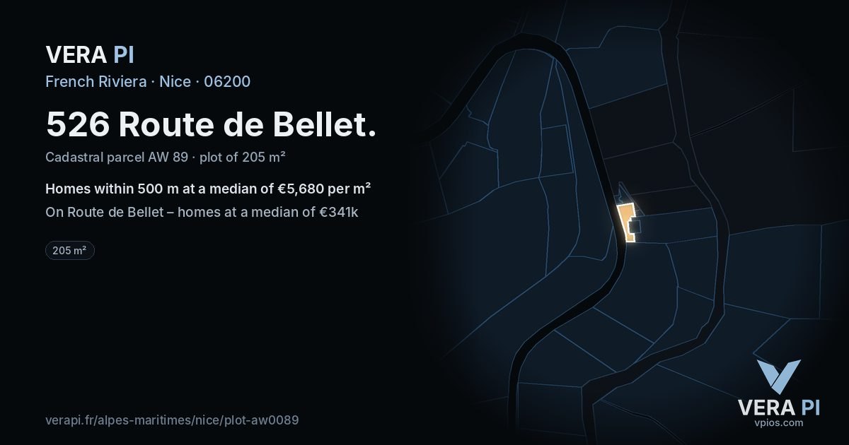 526 Route de Bellet, Nice at night – the plot lit, the parcels around coloured by the prices near them