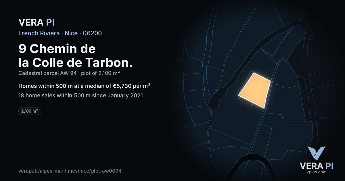 9 Chemin de la Colle de Tarbon, Nice at night – the plot lit, the parcels around coloured by the prices near them