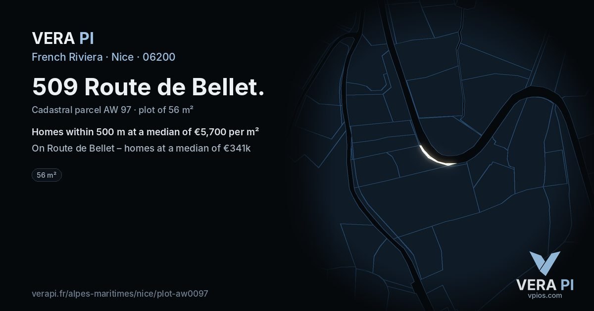 509 Route de Bellet, Nice at night – the plot lit, the parcels around coloured by the prices near them
