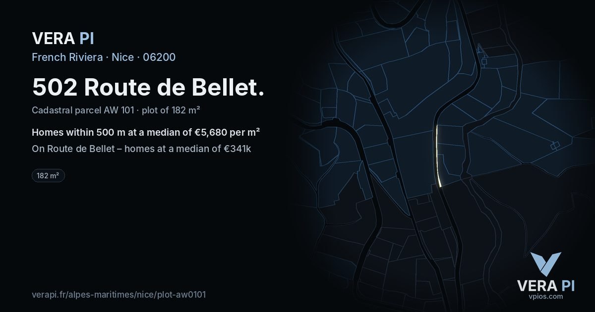 502 Route de Bellet, Nice at night – the plot lit, the parcels around coloured by the prices near them