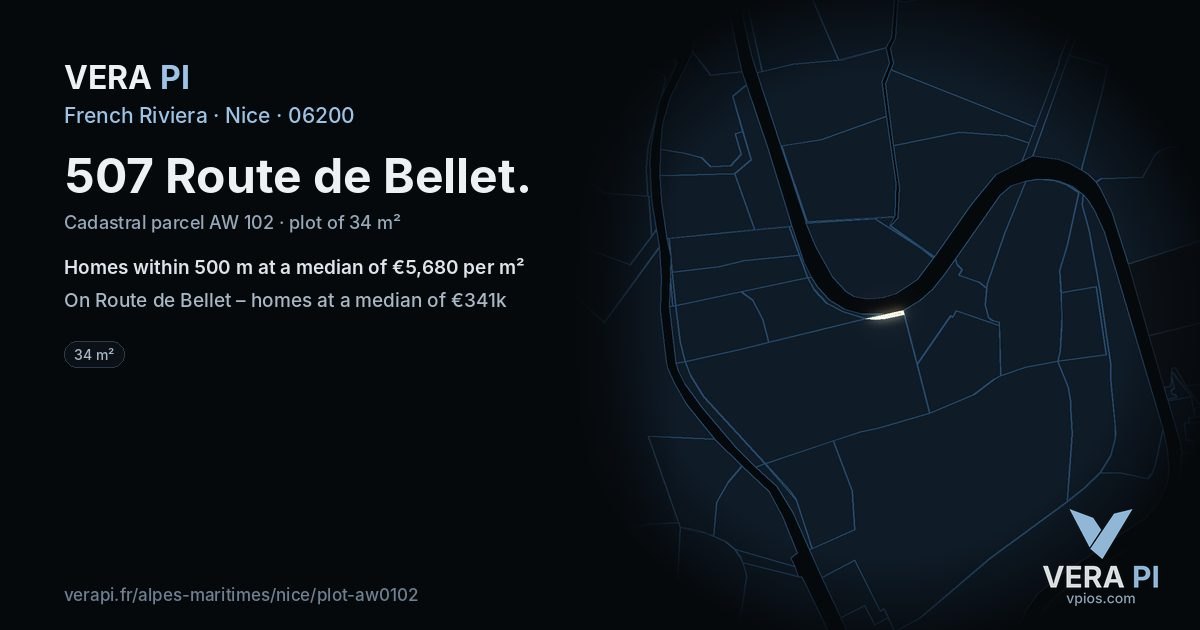 507 Route de Bellet, Nice at night – the plot lit, the parcels around coloured by the prices near them