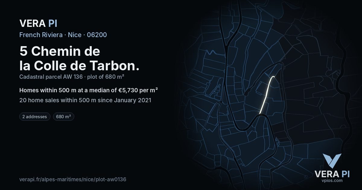 5 Chemin de la Colle de Tarbon, Nice at night – the plot lit, the parcels around coloured by the prices near them
