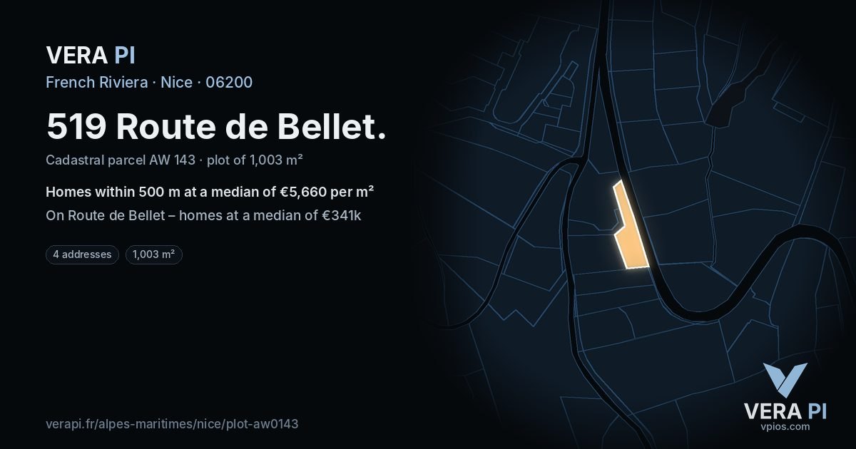 519 Route de Bellet, Nice at night – the plot lit, the parcels around coloured by the prices near them