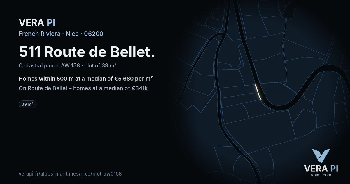 511 Route de Bellet, Nice at night – the plot lit, the parcels around coloured by the prices near them