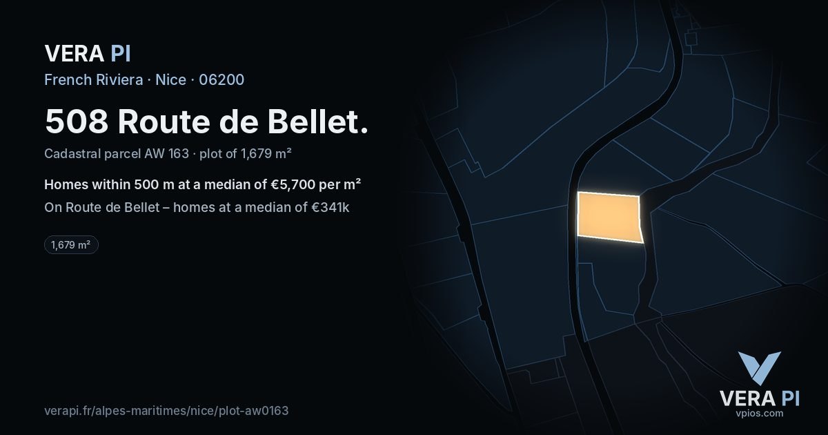 508 Route de Bellet, Nice at night – the plot lit, the parcels around coloured by the prices near them