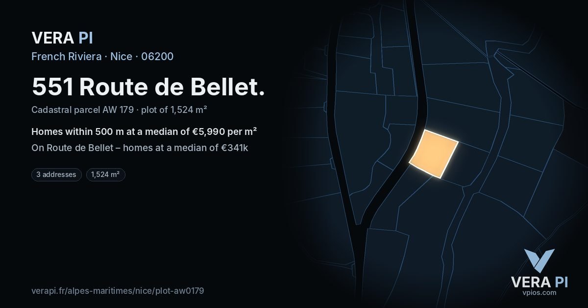 551 Route de Bellet, Nice at night – the plot lit, the parcels around coloured by the prices near them
