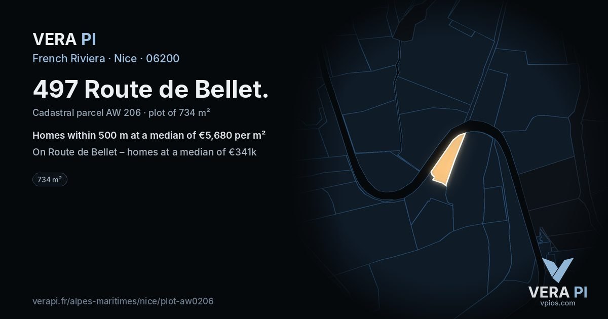 497 Route de Bellet, Nice at night – the plot lit, the parcels around coloured by the prices near them