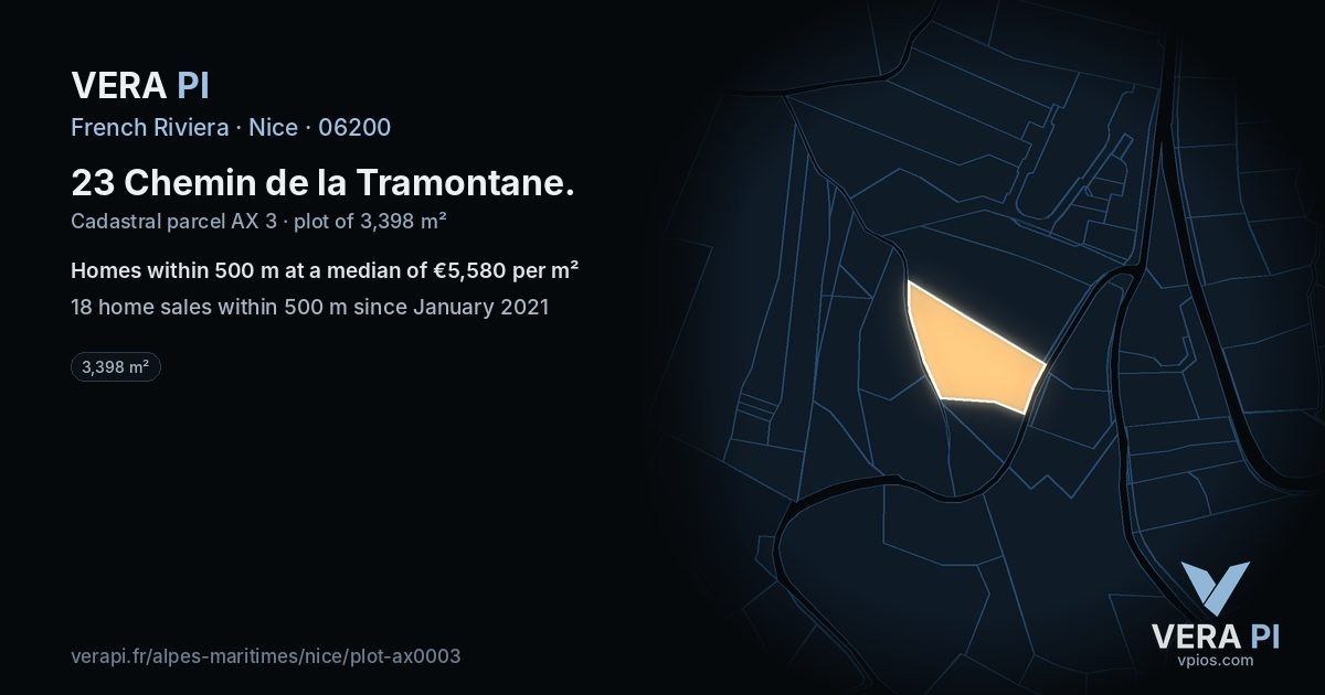 23 Chemin de la Tramontane, Nice at night – the plot lit, the parcels around coloured by the prices near them