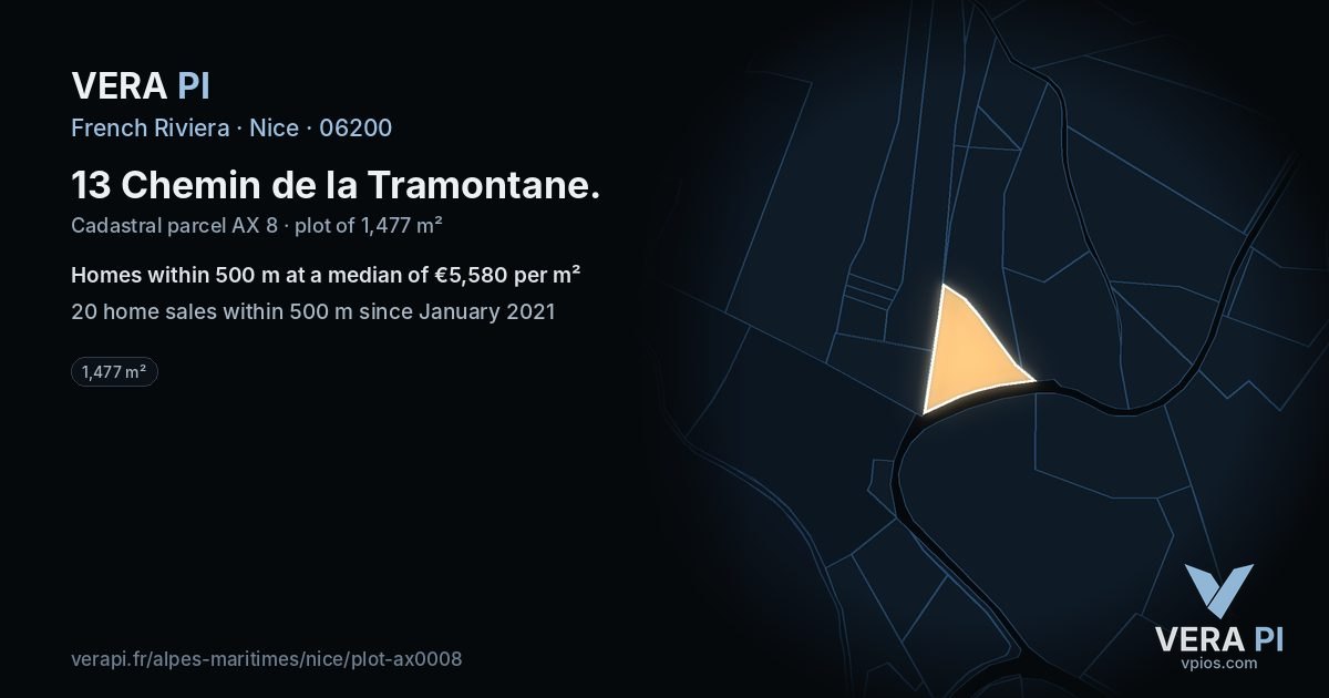 13 Chemin de la Tramontane, Nice at night – the plot lit, the parcels around coloured by the prices near them