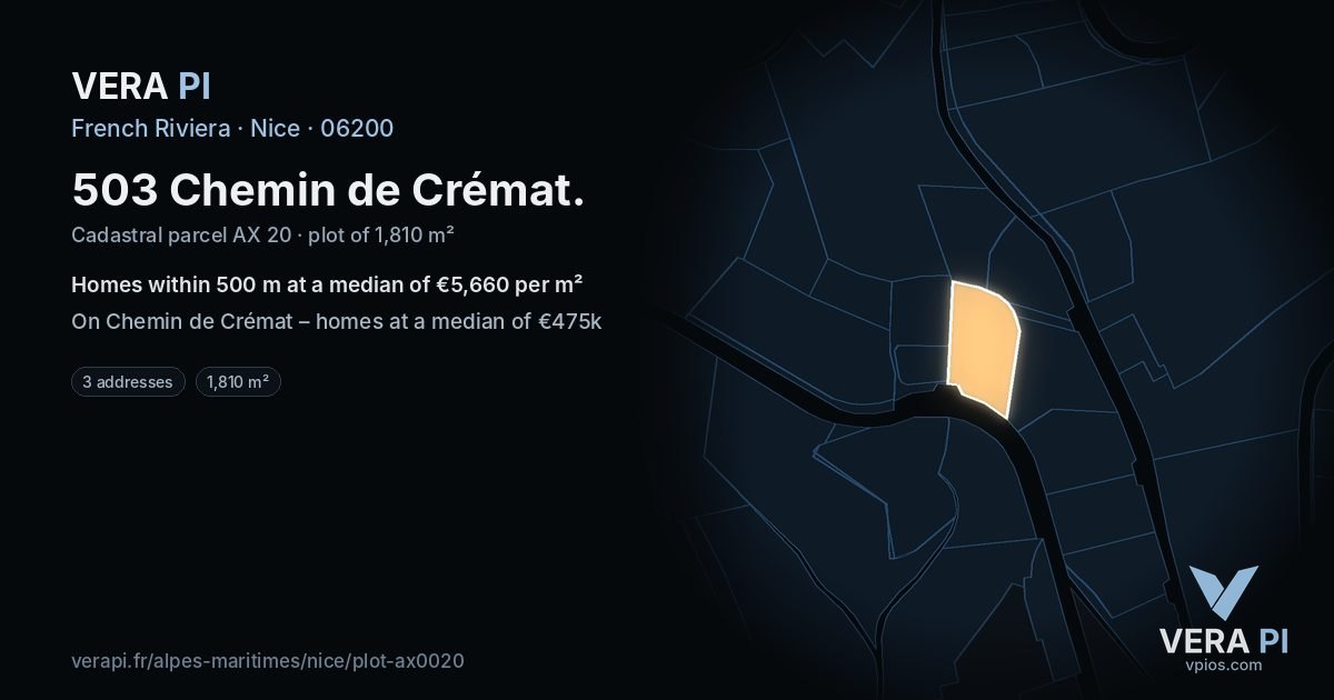 503 Chemin de Crémat, Nice at night – the plot lit, the parcels around coloured by the prices near them