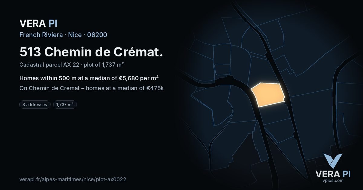 513 Chemin de Crémat, Nice at night – the plot lit, the parcels around coloured by the prices near them