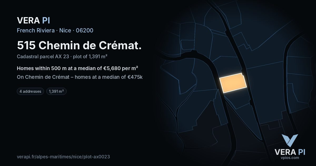 515 Chemin de Crémat, Nice at night – the plot lit, the parcels around coloured by the prices near them