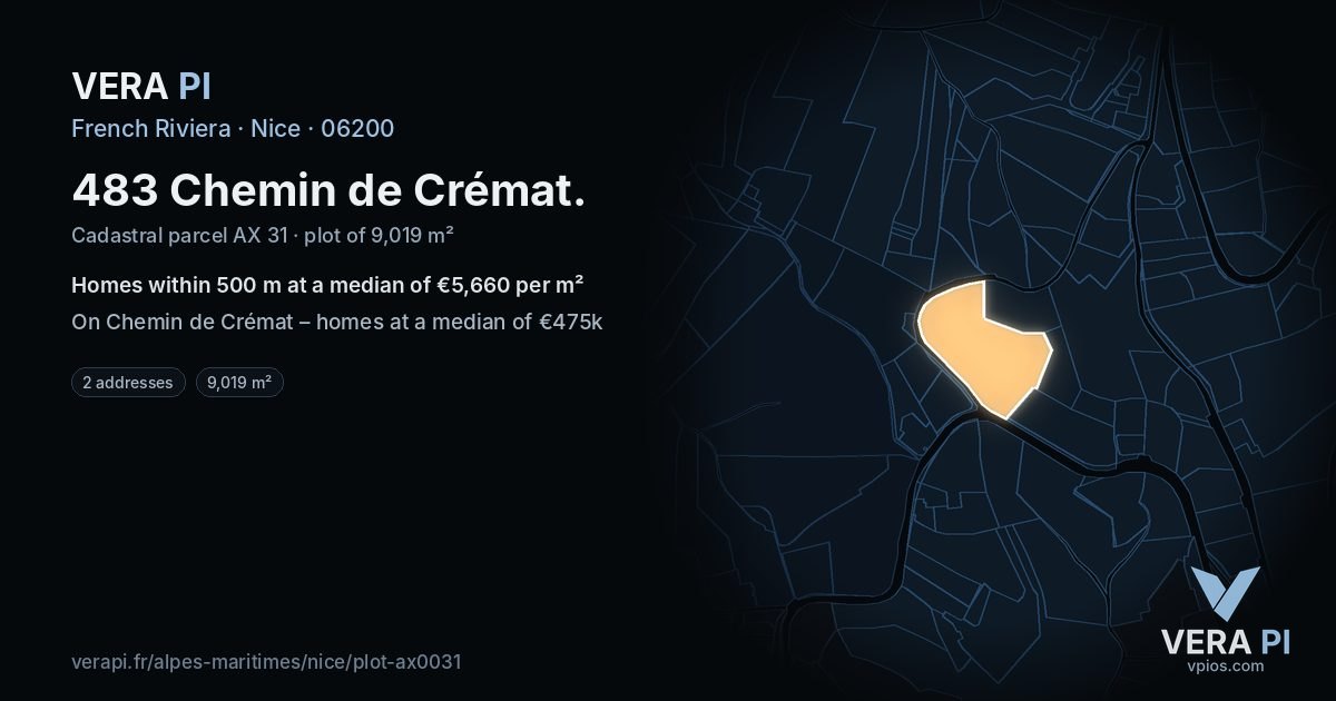 483 Chemin de Crémat, Nice at night – the plot lit, the parcels around coloured by the prices near them
