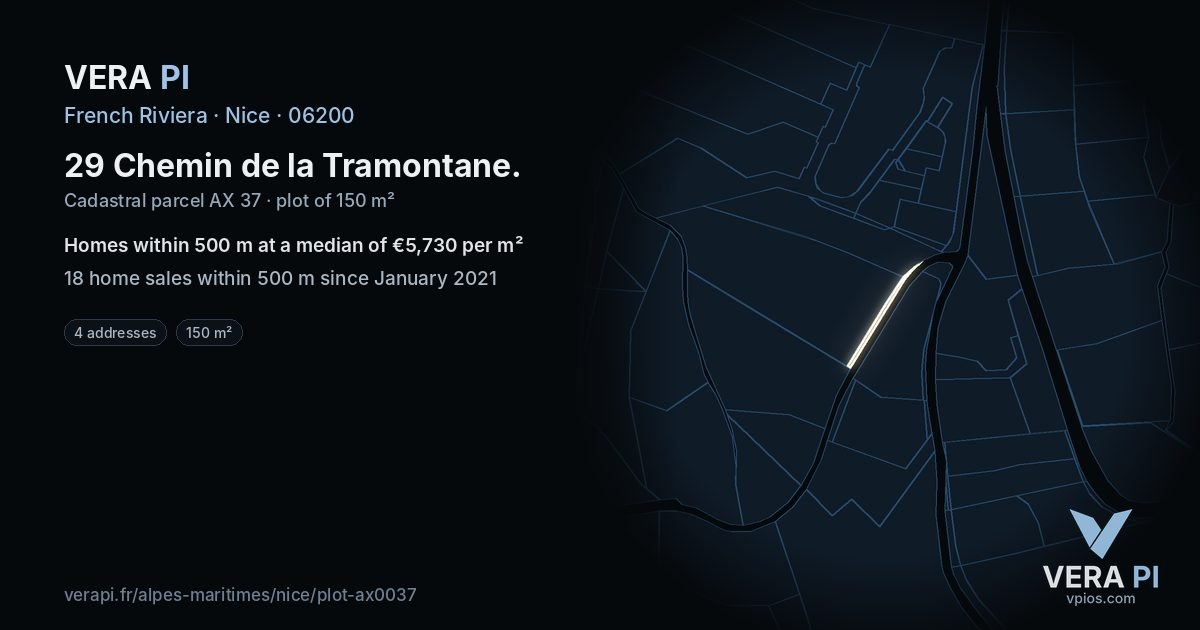 29 Chemin de la Tramontane, Nice at night – the plot lit, the parcels around coloured by the prices near them
