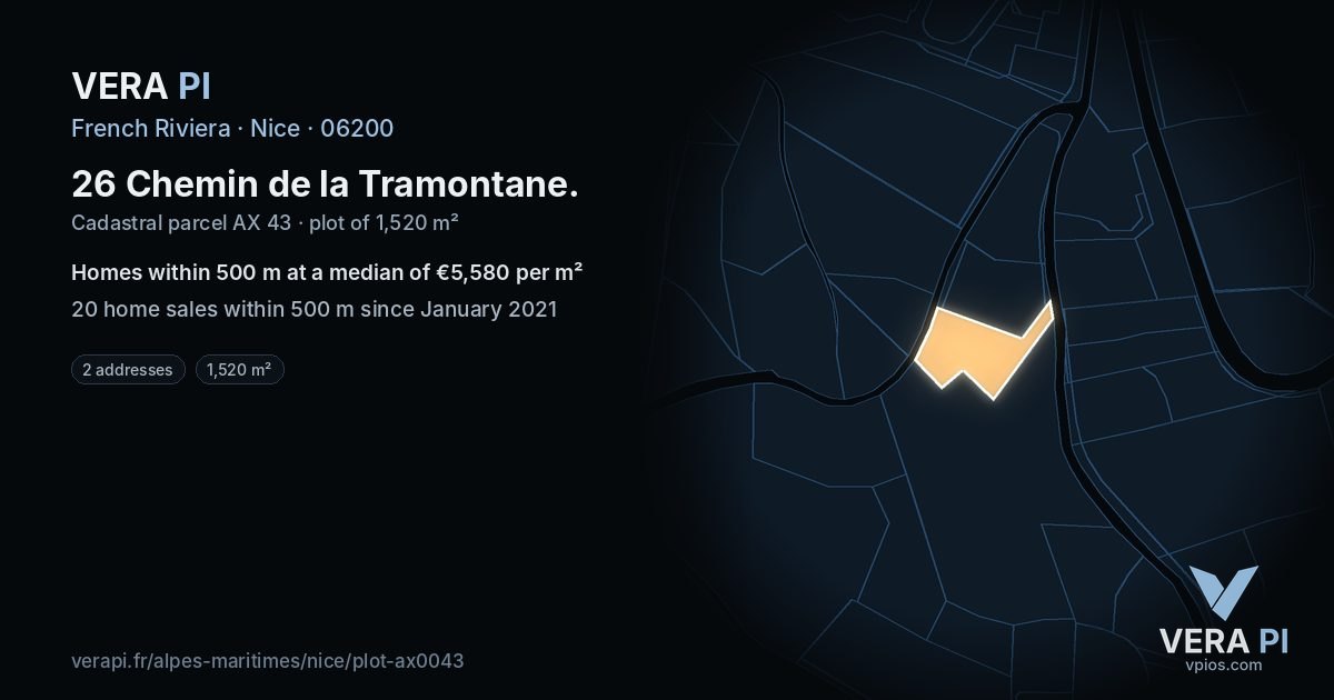 26 Chemin de la Tramontane, Nice at night – the plot lit, the parcels around coloured by the prices near them